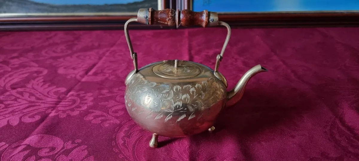 Solid Brass Art Deco Engraved Medium Lidded Teapot - Image 2