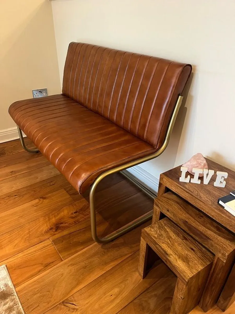 Brown Leather Bench Gold Leg - Image 1