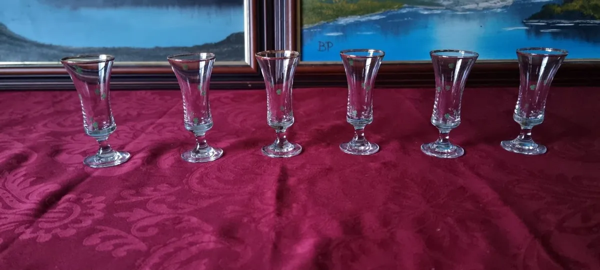 6Pc.Irish Shamrock Gold Rimmed Footed Shot Glasses - Image 2