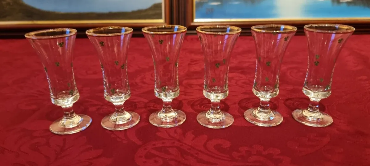 6Pc.Irish Shamrock Gold Rimmed Footed Shot Glasses - Image 1