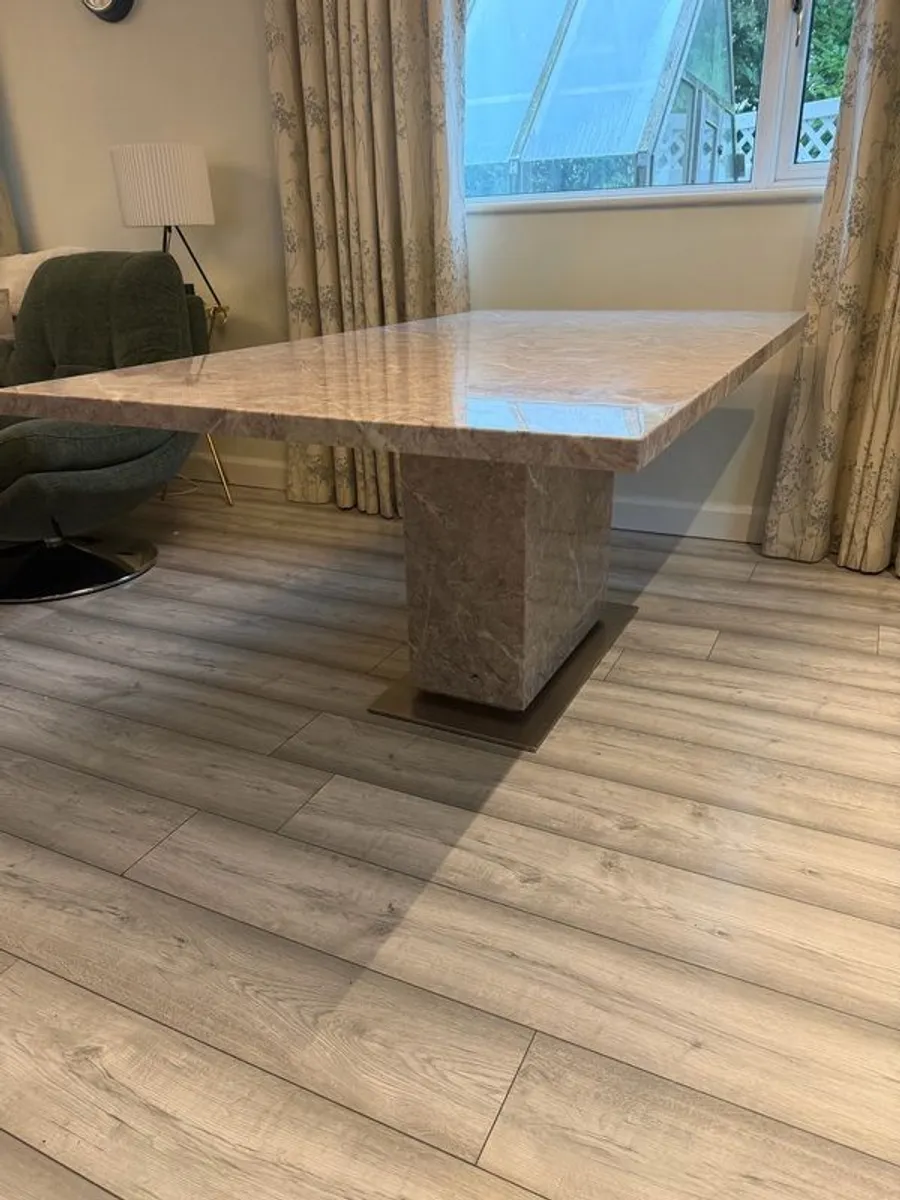 Large Marble Dining Table 180cm Single Pedestal Base plus 6 chairs - Image 1