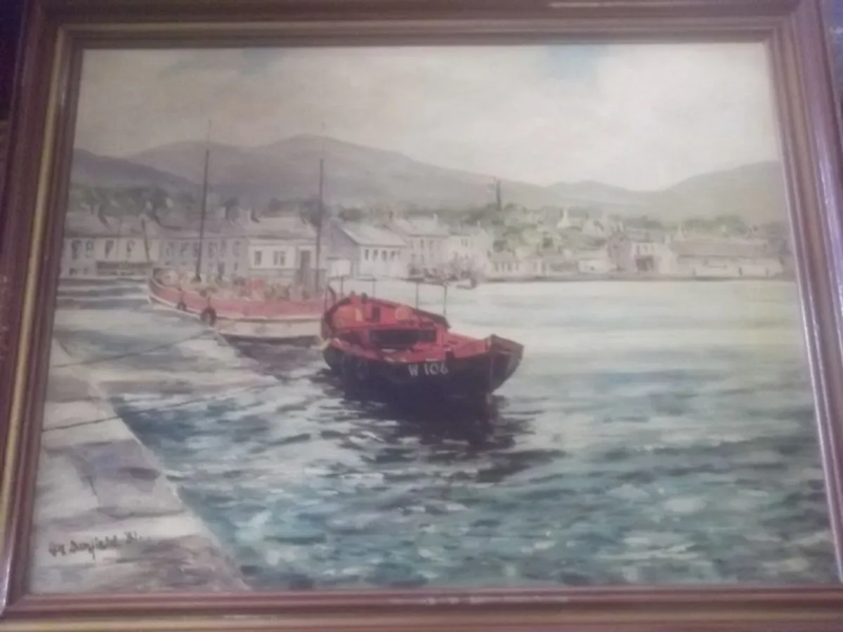 a oil painting picture on board of a harbour sceen by ken donfield - Image 1