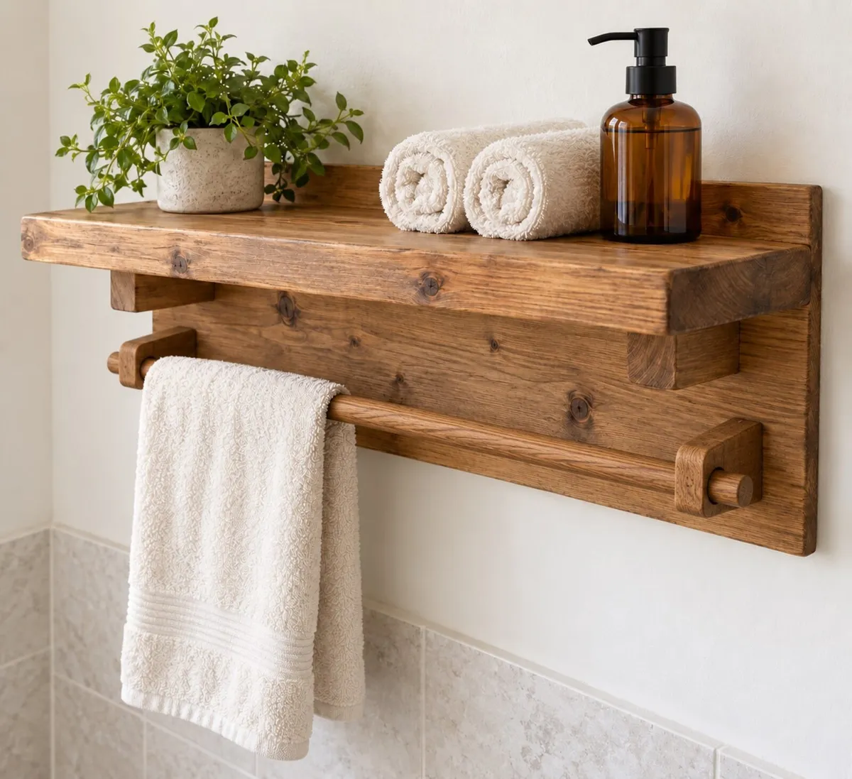 Handmade Rustic Bathroom Shelf with Towel Rail