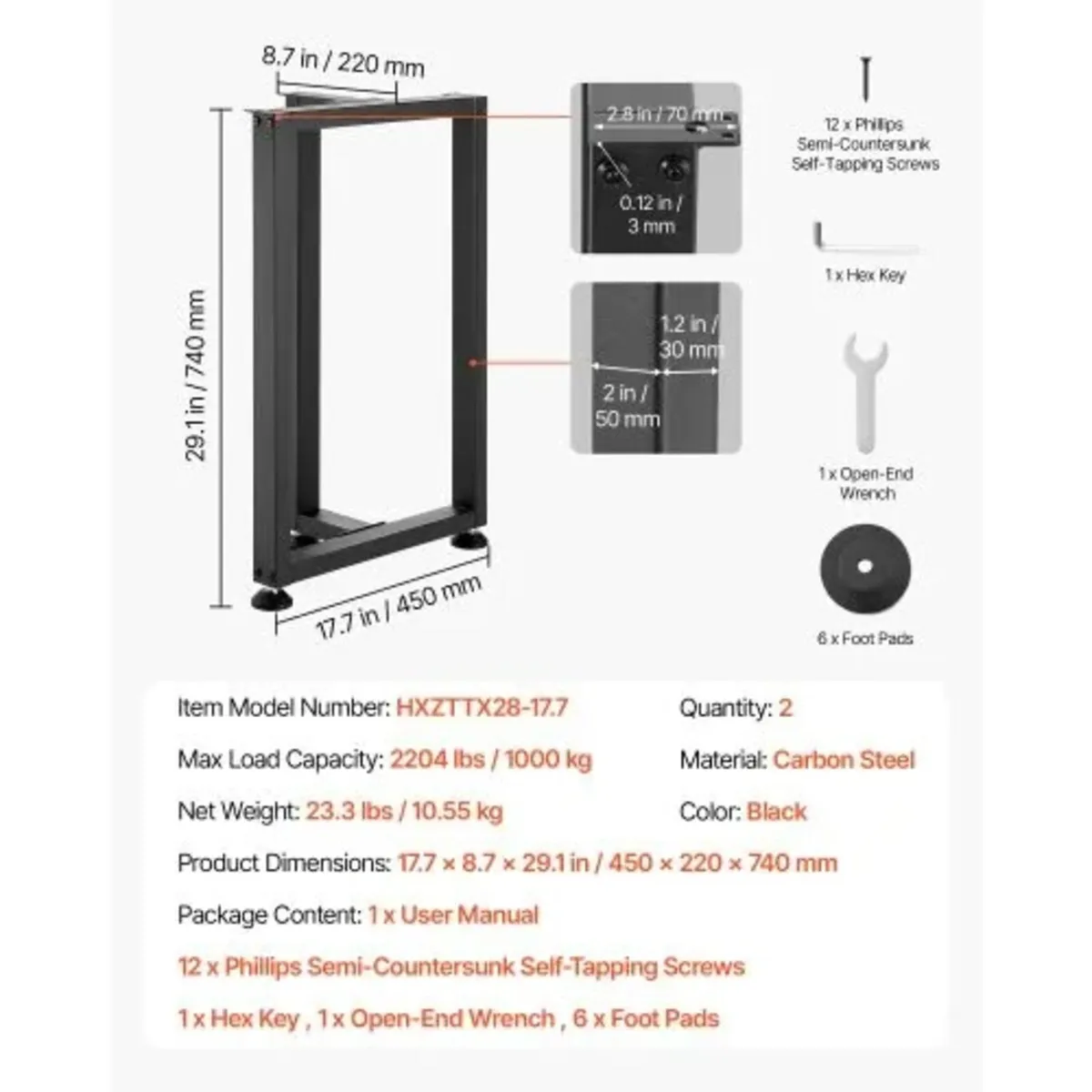 Table Legs, 29.1" H x 17.7" W Square T Shape Steel - Image 4