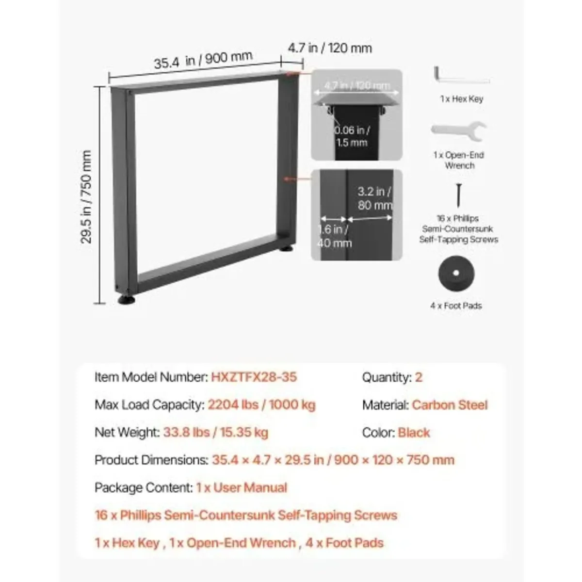 Table Legs, 750 x 900 mm (H x W) Square Steel Furn - Image 3
