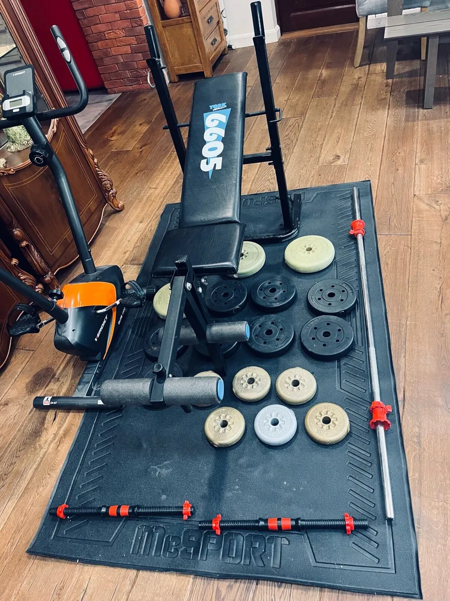 Bike, bench barbell dumbbells and weights - Image 1