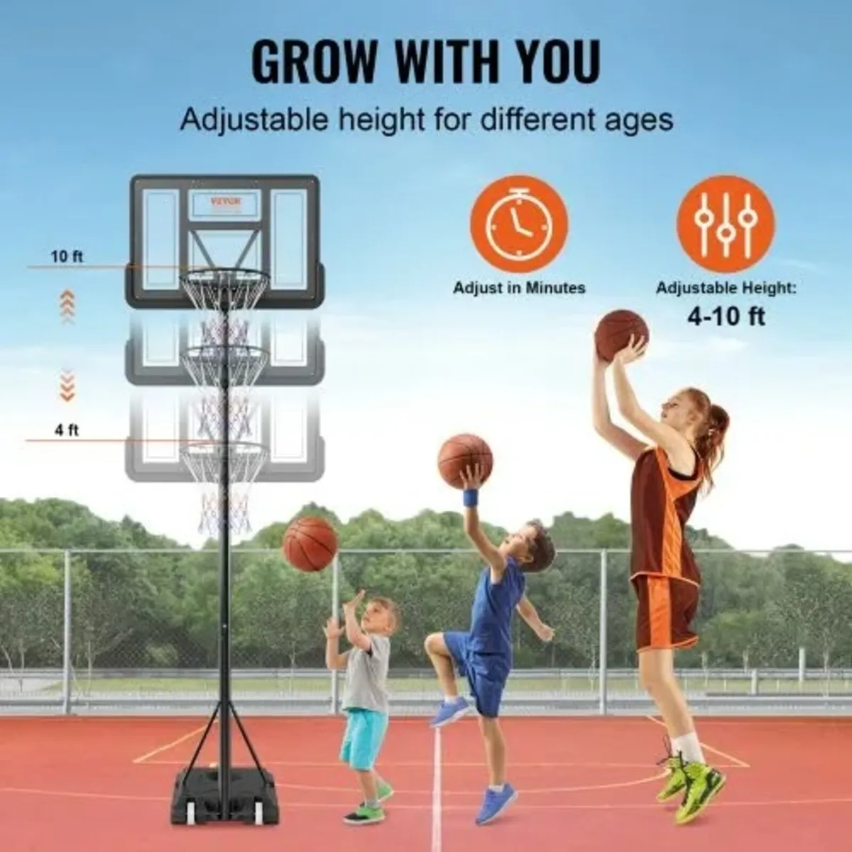 Basketball Hoop, 4-10 ft Adjustable Height Portabl - Image 3