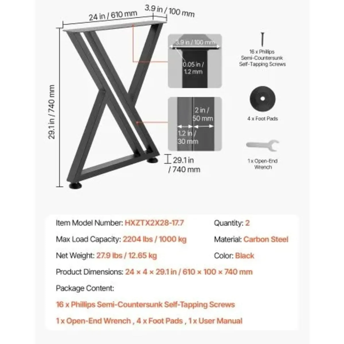 Table Legs, 29.1" H x 24" W Steel Furniture Legs, - Image 3