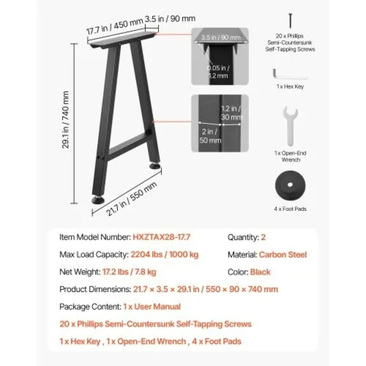 Table Legs, 740 x 550 mm (H x W) Trapezoid Steel F - Image 3