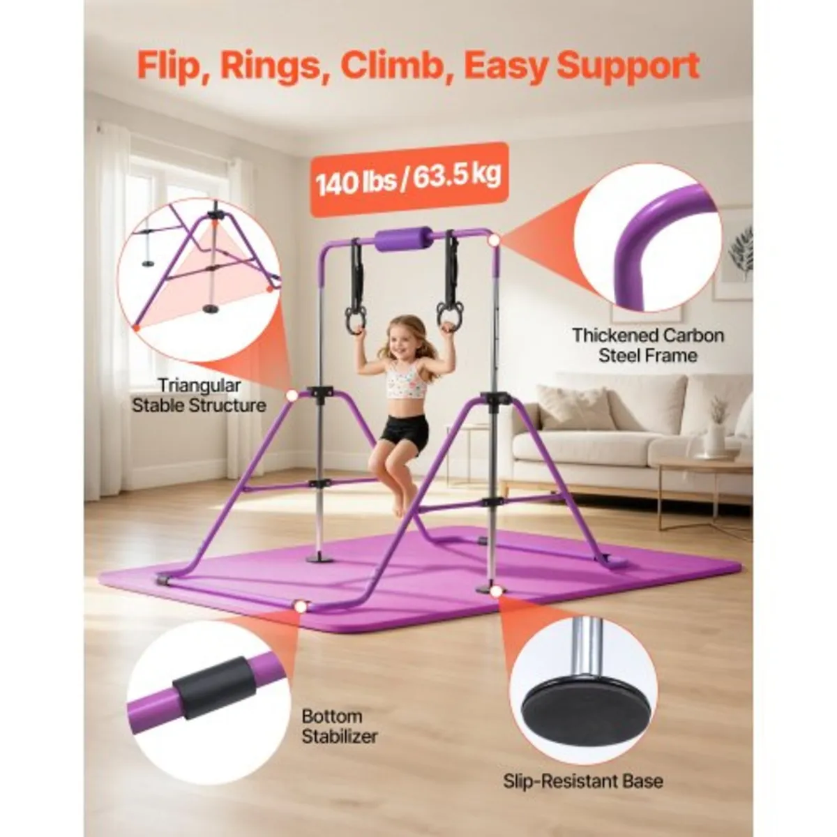Gymnastic Bars for Kids, 63.5 kg Capacity Folding - Image 2