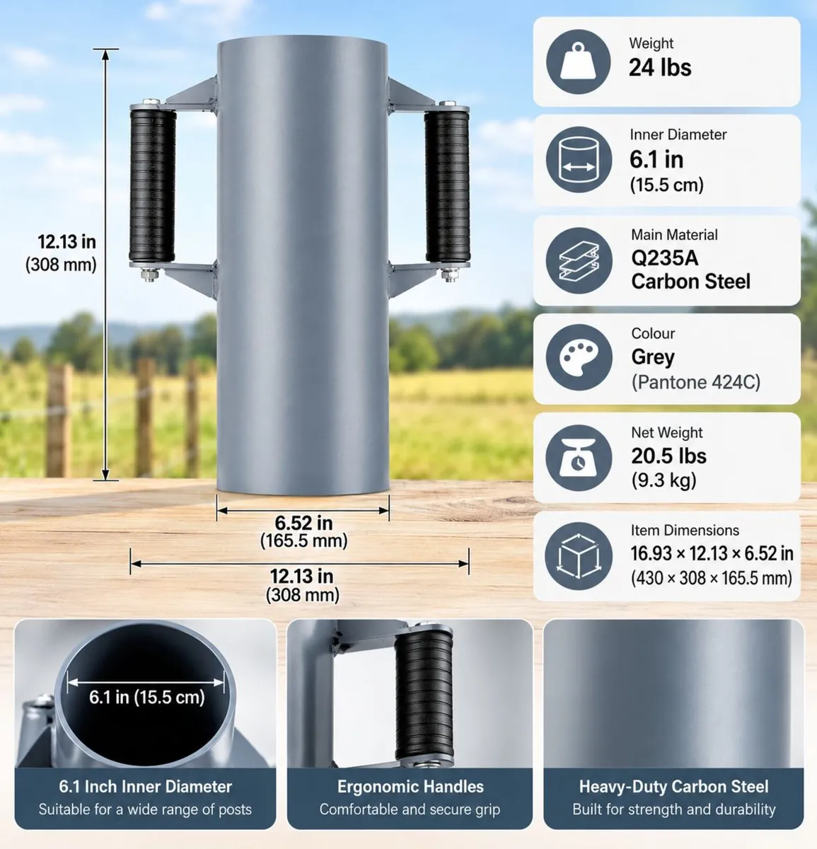 Heavy Duty Fence Post Driver 6.1 Inch Carbon Steel - Image 2