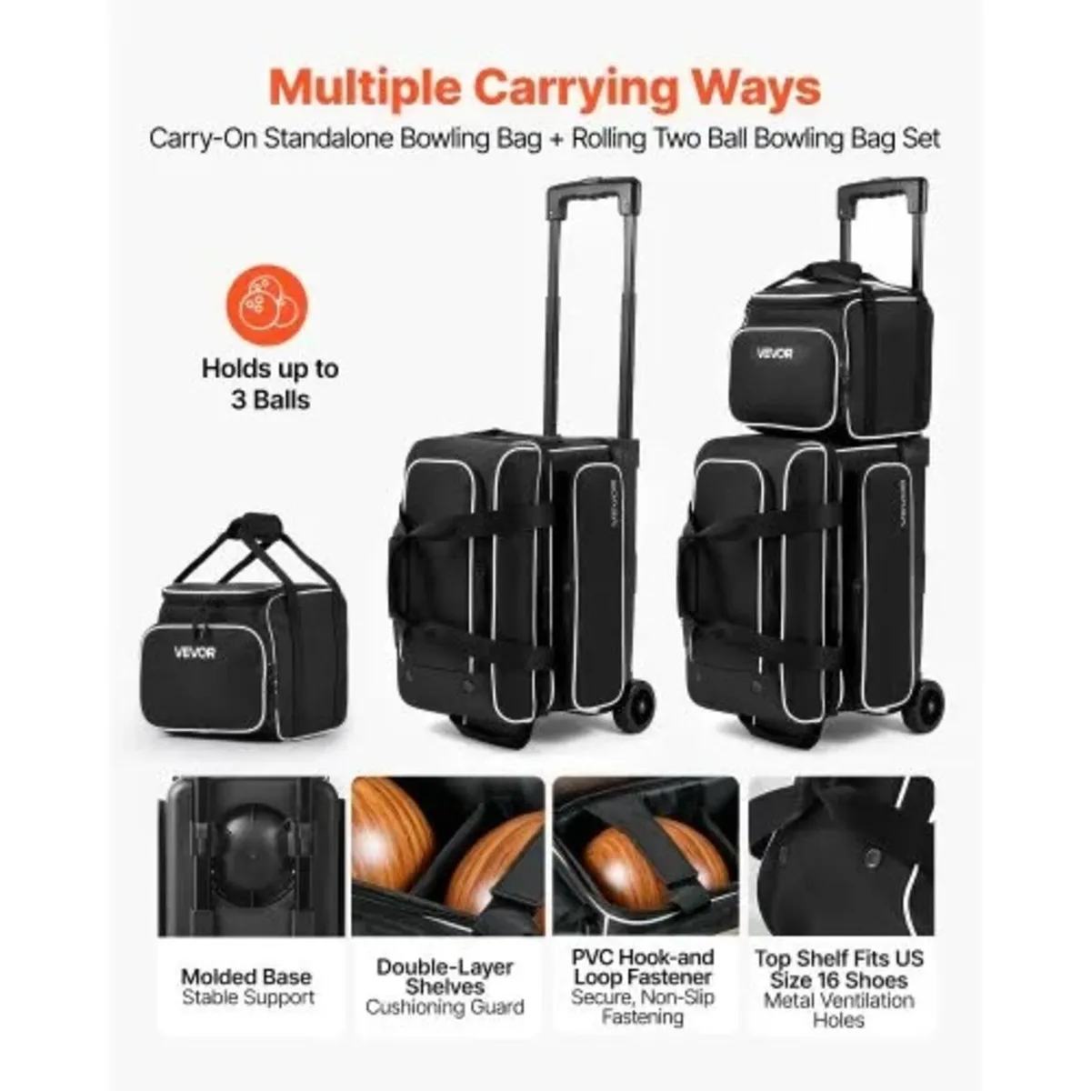 3 Ball Bowling Bag Double Roller Bag with Separate - Image 4