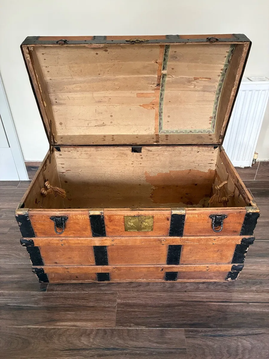 Antique 1890s steamer trunk Liver brass plates - Image 2