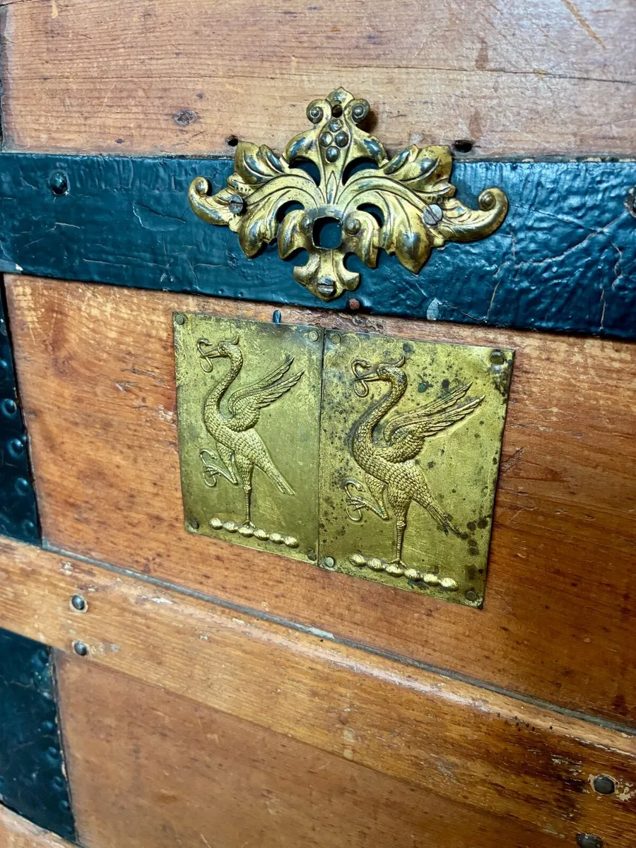 Antique 1890s steamer trunk Liver brass plates - Image 4