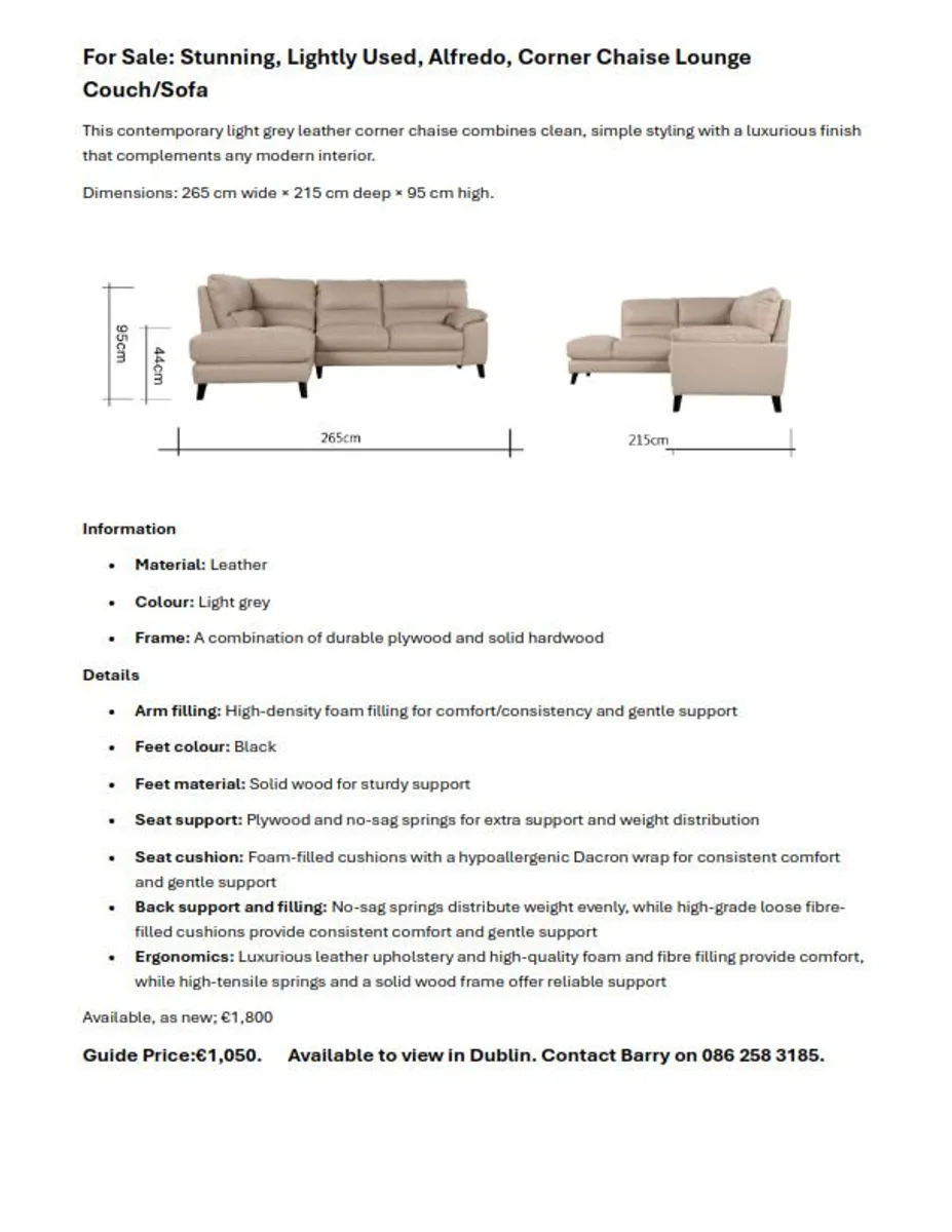 Alfredo light grey leather corner chaise sofa