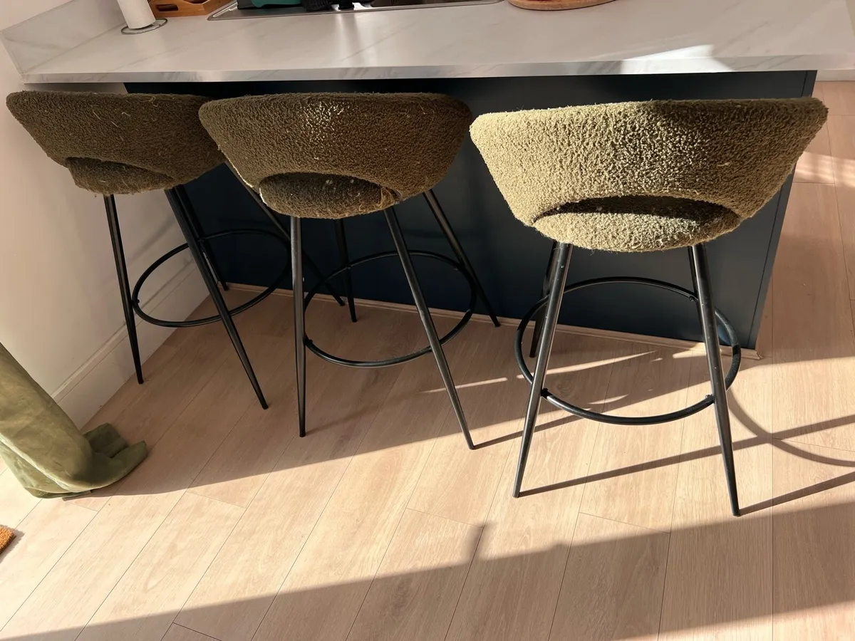 Set of 3 Olive Green Textured Bar Stools - Image 1