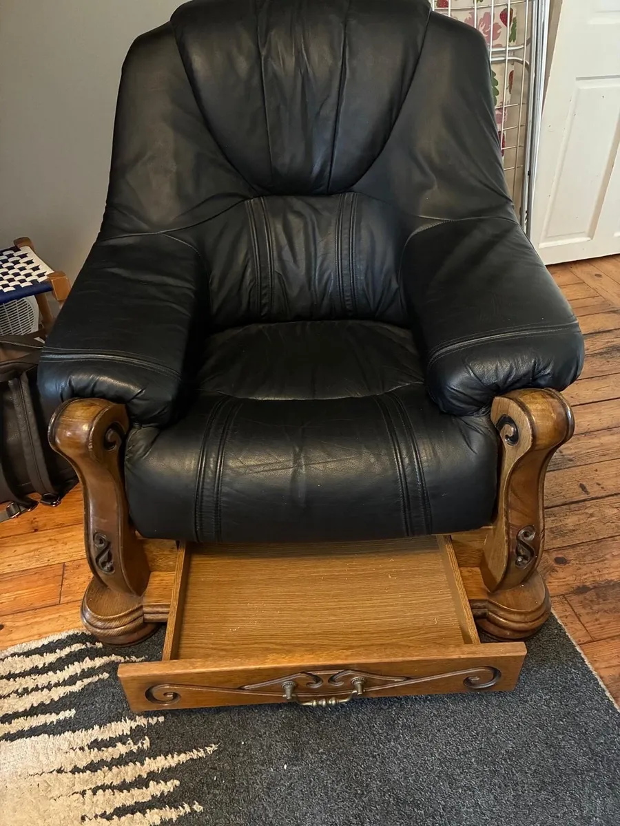 Solid Oak and Genuine Leather Armchairs (2) - Image 1