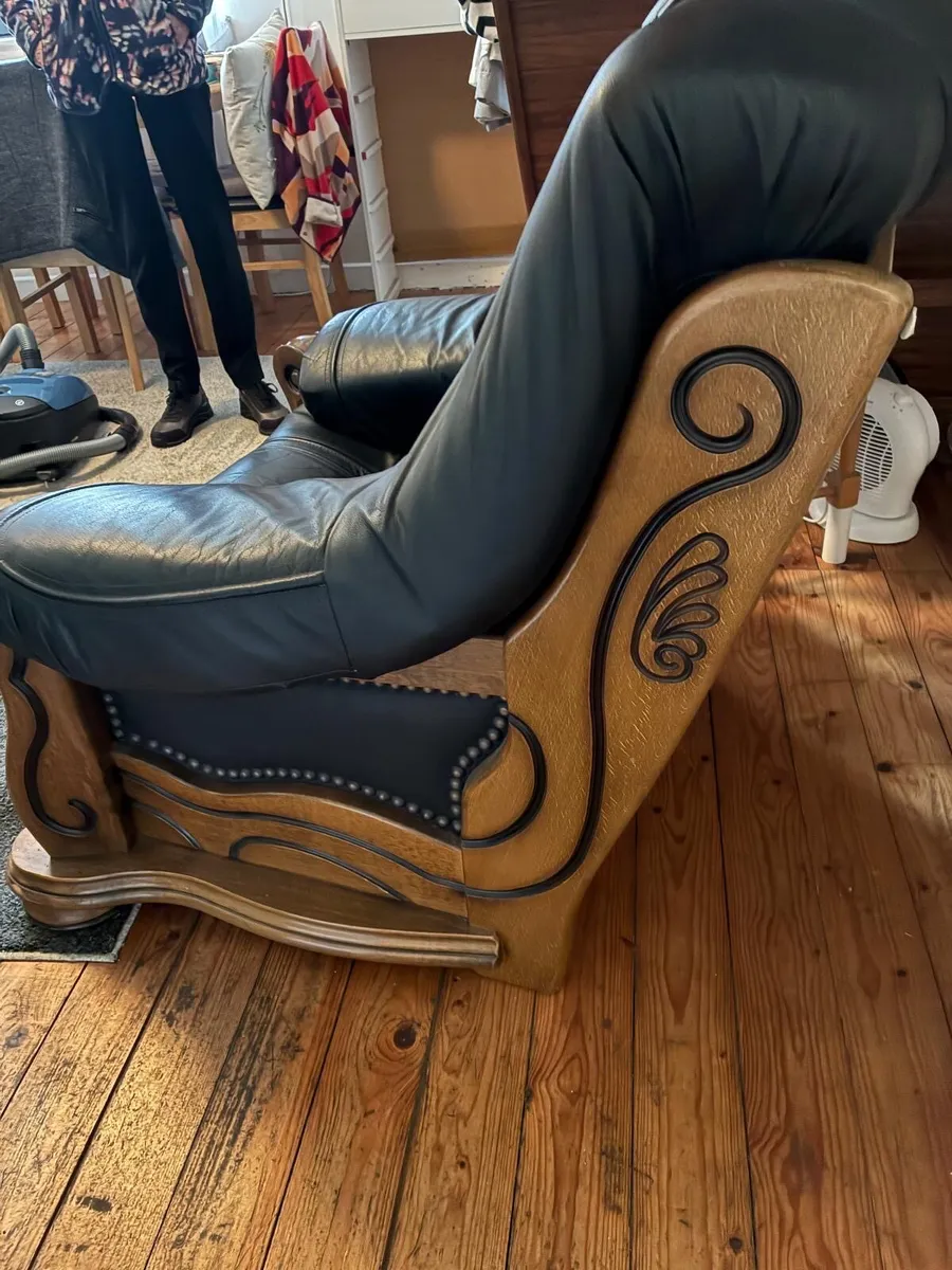 Solid Oak and Genuine Leather Armchairs (2) - Image 2