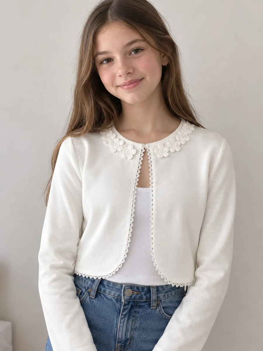 Ivory Floral Lace Cardigan for Girls  Elegant - Image 1