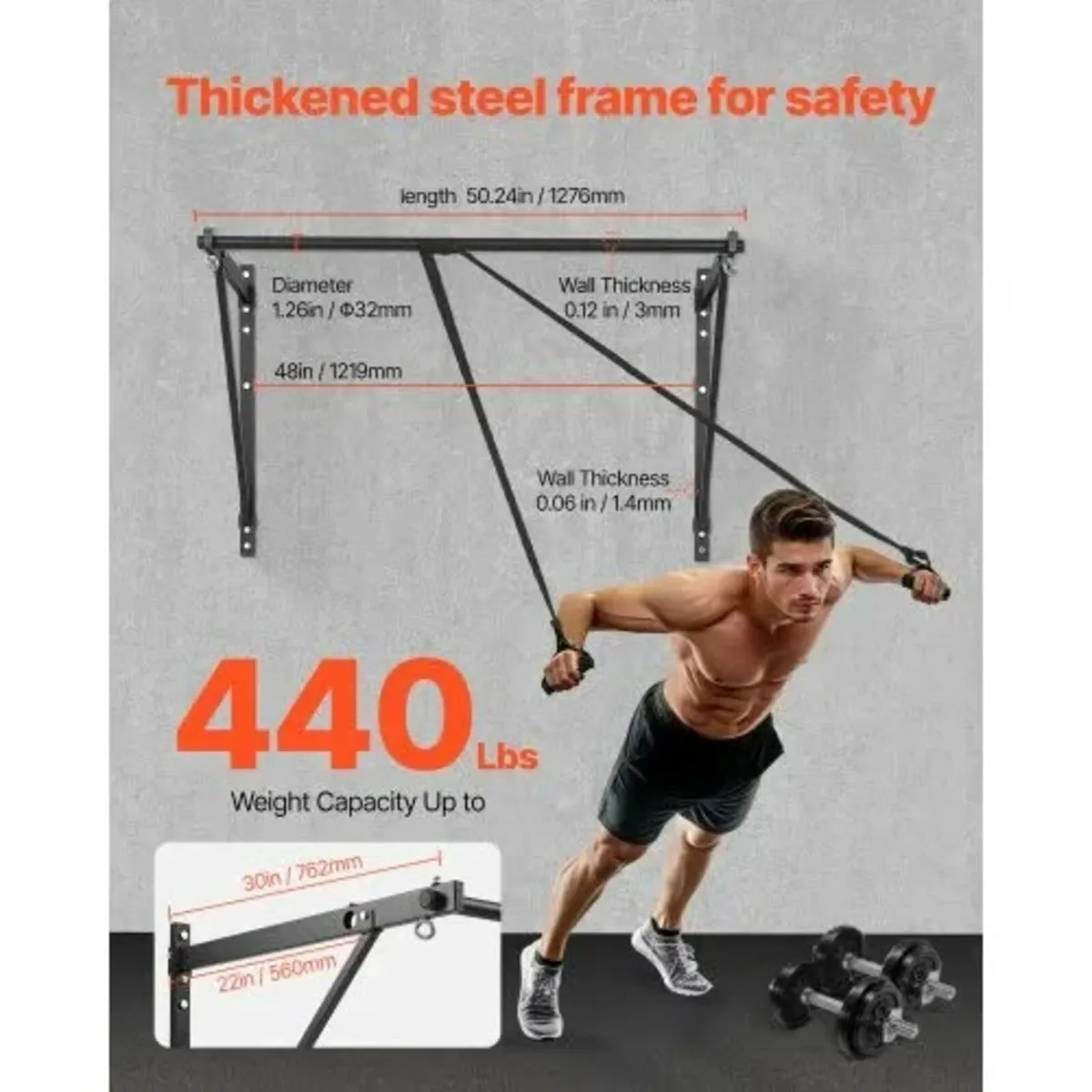 Pull Up Bar, 50 in Width Wall Mounted Pull Ups, Ad - Image 3
