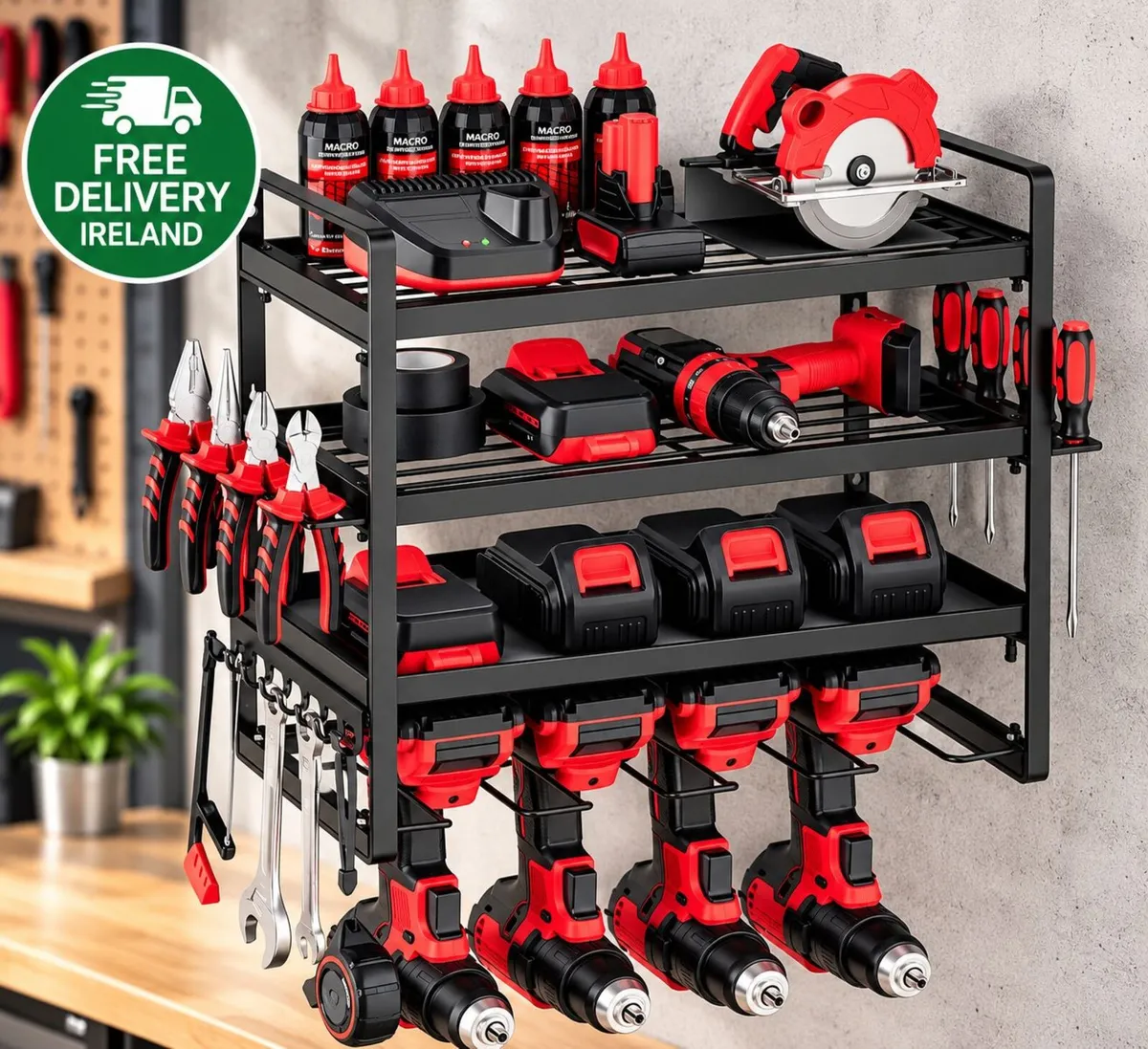 Heavy Duty Power Tool Organiser Wall Mounted 4 Tie - Image 1