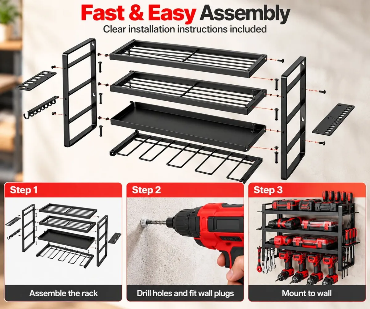 Heavy Duty Power Tool Organiser Wall Mounted 4 Tie - Image 3