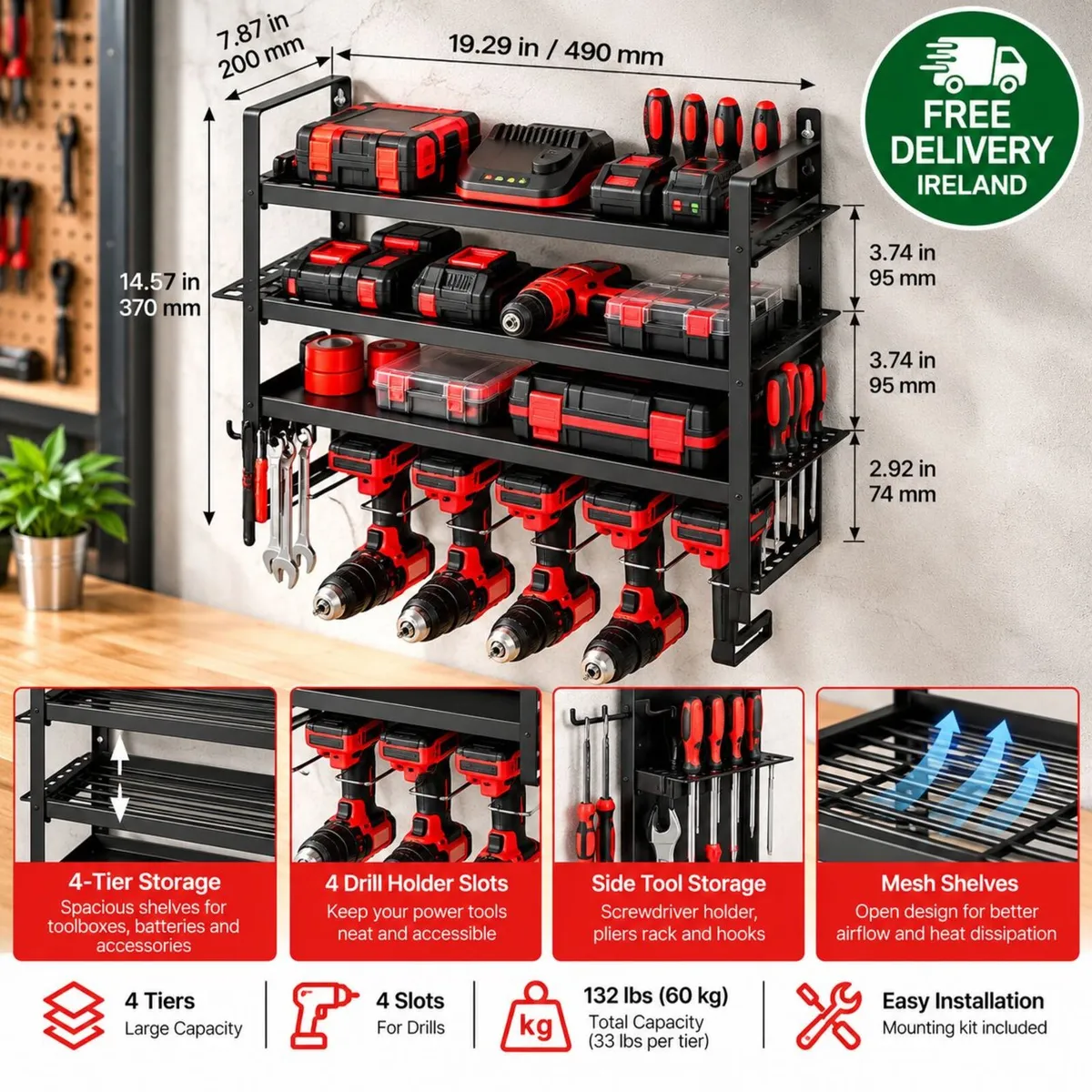 Heavy Duty Power Tool Organiser Wall Mounted 4 Tie - Image 4