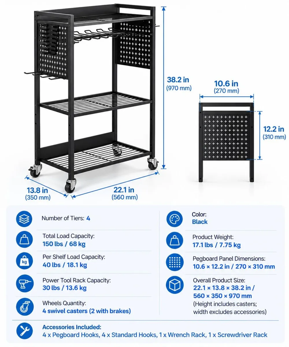 Heavy Duty 4 Tier Tool Organiser Cart with Wheels - Image 4