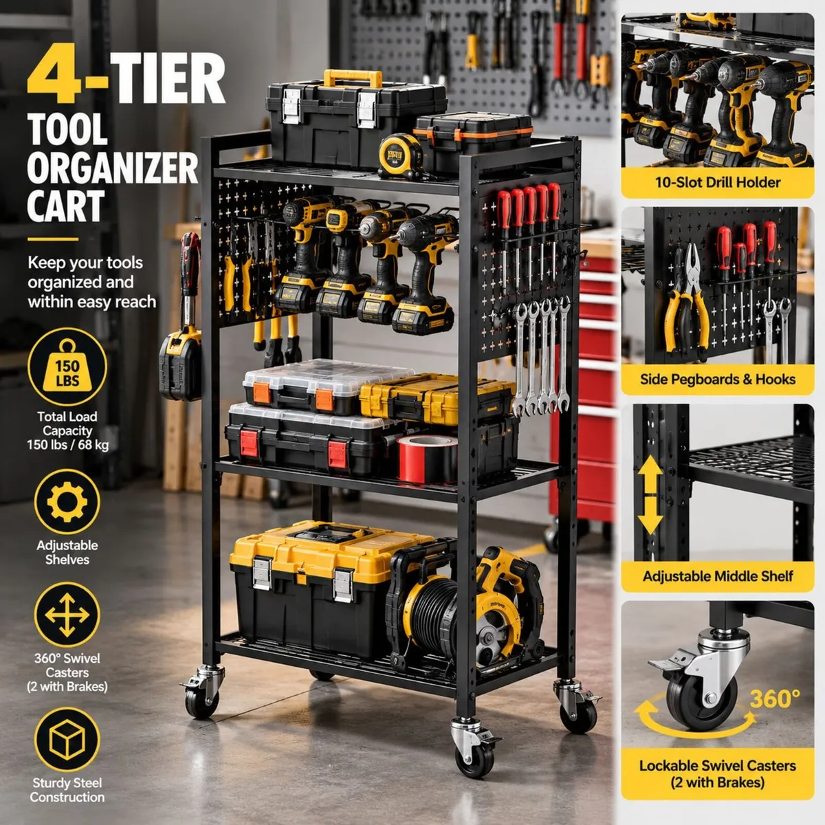 Heavy Duty 4 Tier Tool Organiser Cart with Wheels - Image 2