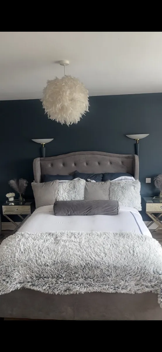 Grey Velvet King Size Wingback Bed Frame - Image 2