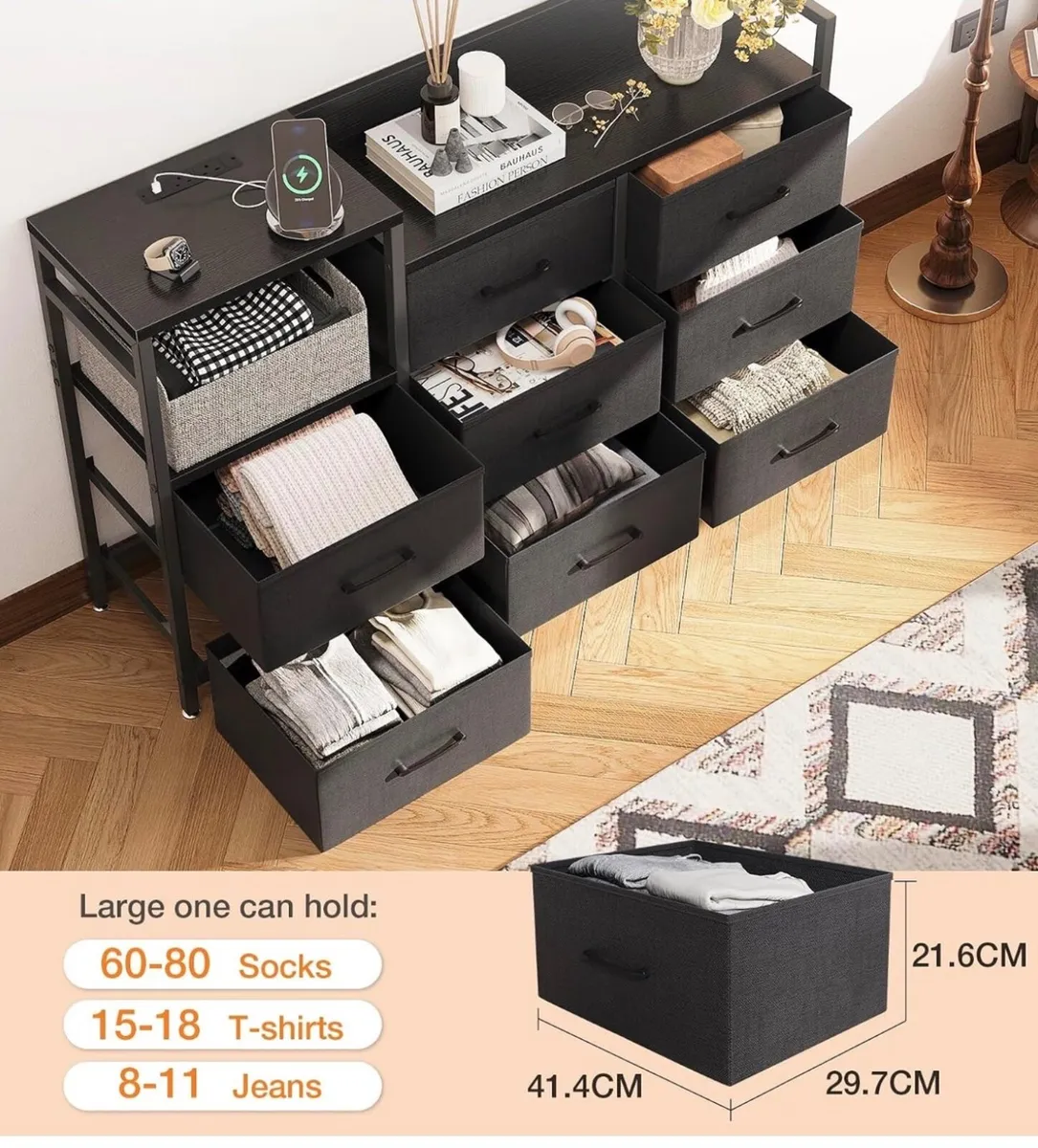 Black Chest of Drawers Bedroom, 8 Fabric Drawers, - Image 3