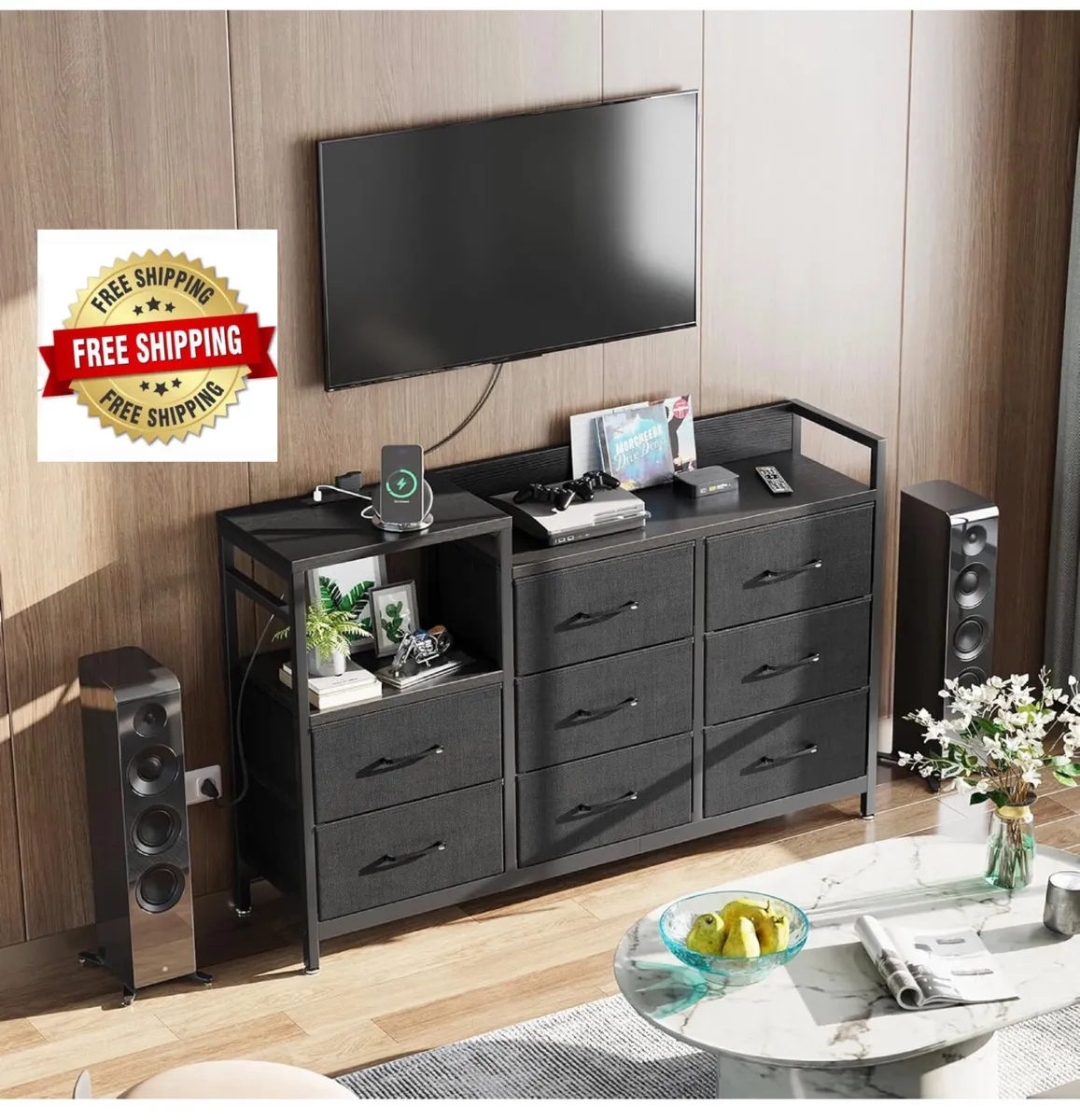 Black Chest of Drawers Bedroom, 8 Fabric Drawers, - Image 1
