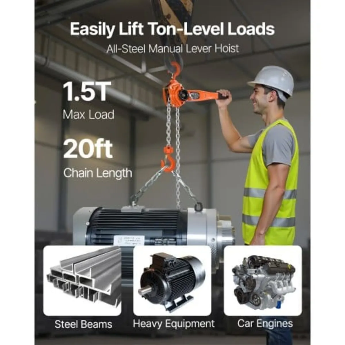 Manual Lever Chain Hoist, 1-1/2T 1500KG Capacity H - Image 3