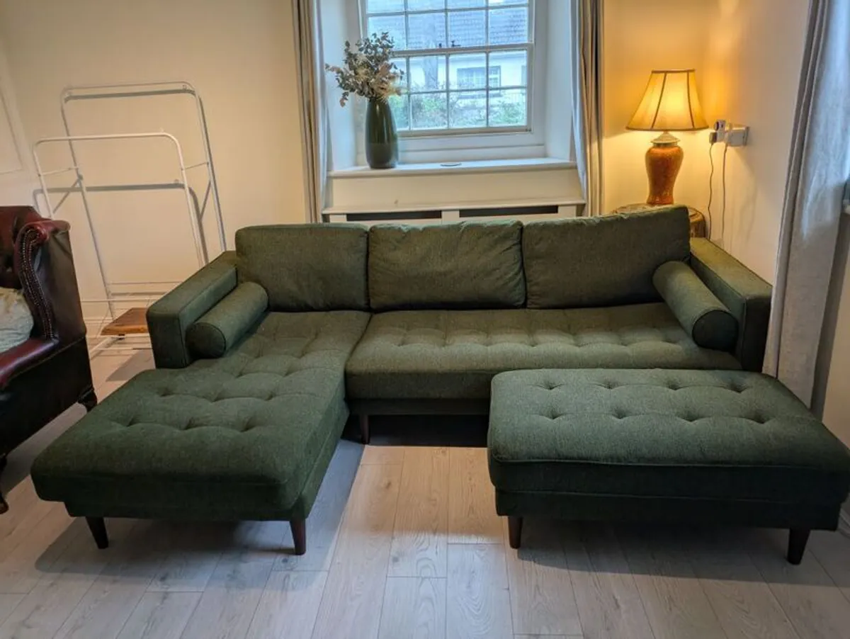 Cooper green fabric corner sofa with left hand facing chaise. Footstool included. In perfect condition. - Image 2