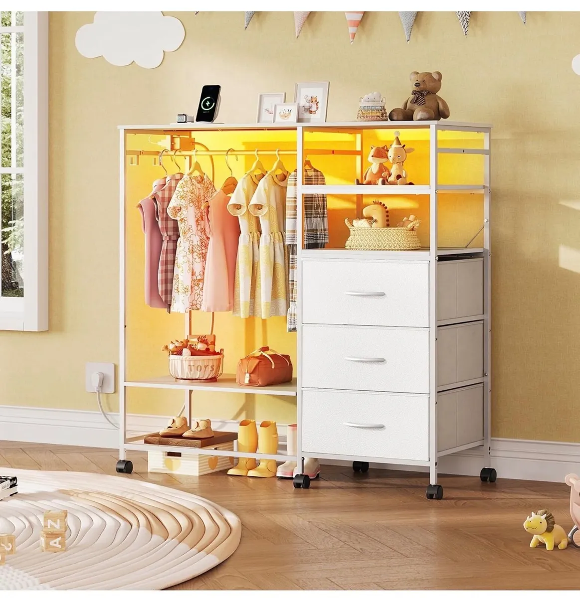White Chest of Drawers with LED & Charger, Fabric - Image 2