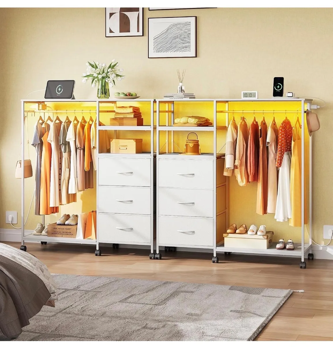 White Chest of Drawers with LED & Charger, Fabric - Image 3