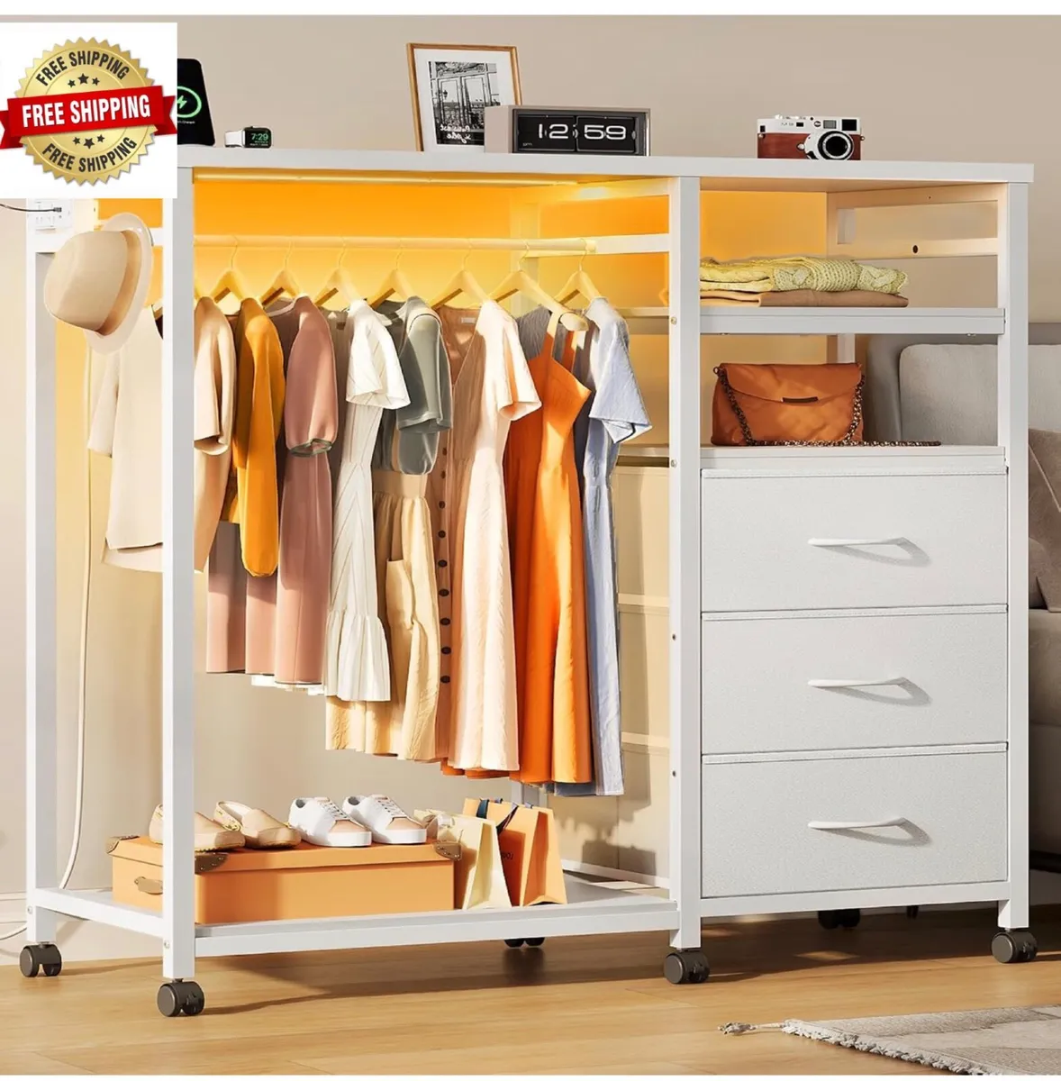 White Chest of Drawers with LED & Charger, Fabric - Image 1