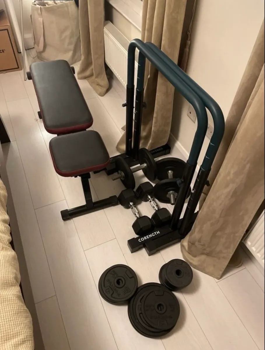 Bench, Dip Bar, Weights, Rings, SlantBoard, Gloves - Image 1