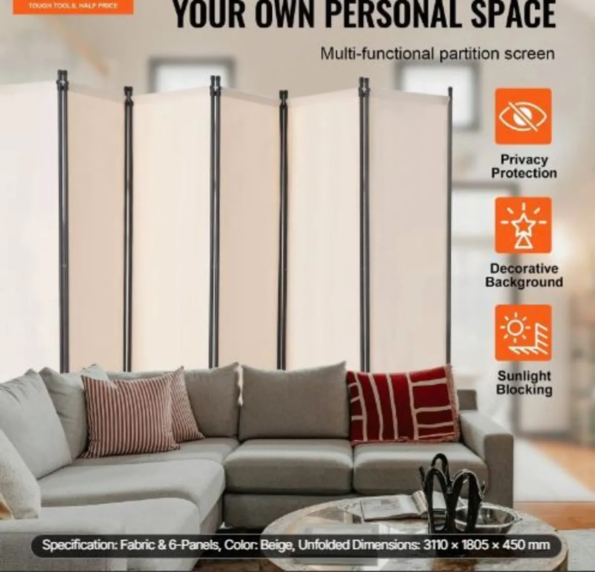 Room Divider, 6 Panels Room Divider, Folding - Image 2