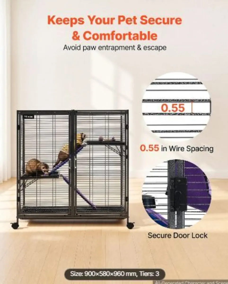 Metal Small Animal Cage 96 cm 3-Tier Rolling - Image 2