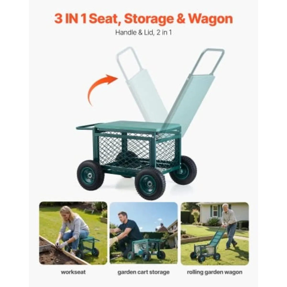 Rolling Garden Cart with Seat, Metal Rolling Garde - Image 4