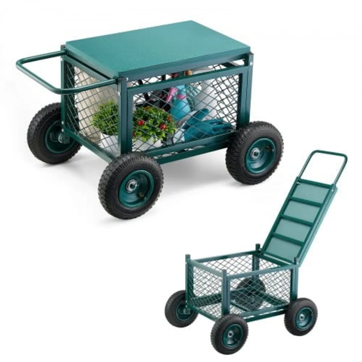 Rolling Garden Cart with Seat, Metal Rolling Garde - Image 1