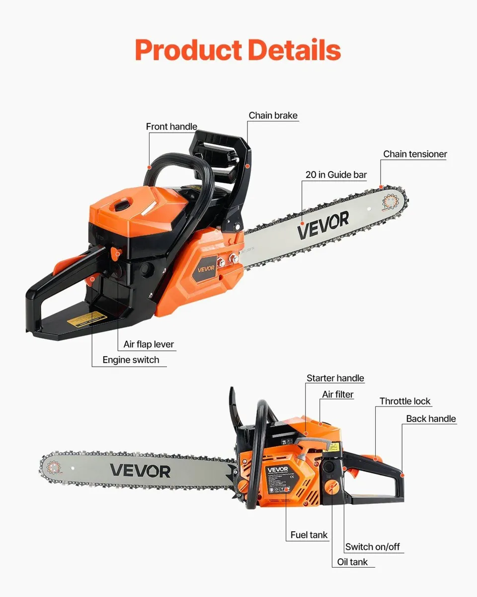 62cc Petrol Chainsaw with 20in Bar - Image 3