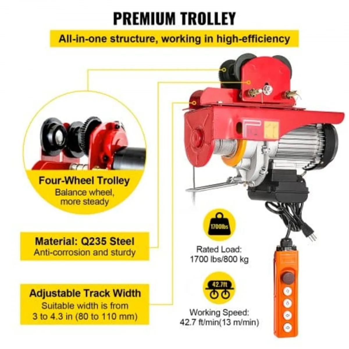 800Kg/1700Lbs Electric Trolley Hoist 1300W Electri - Image 3