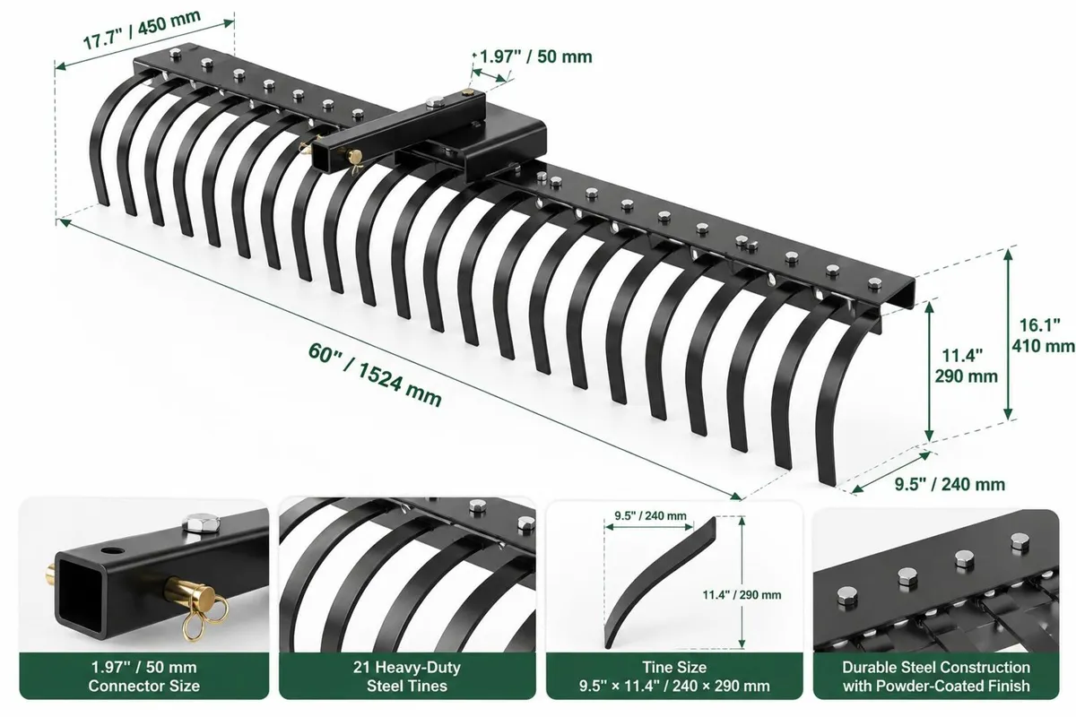 60 Inch Tow Behind Landscape Rake Heavy Duty 21 Ti - Image 2