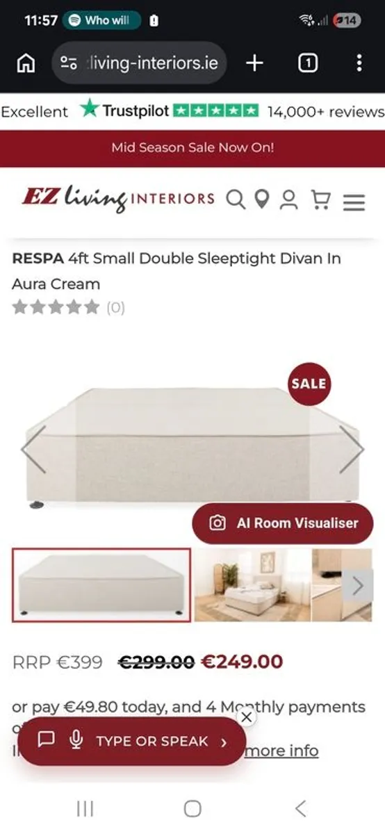 Respa small double 4ft divan bed in cream - perfect condition - Image 4
