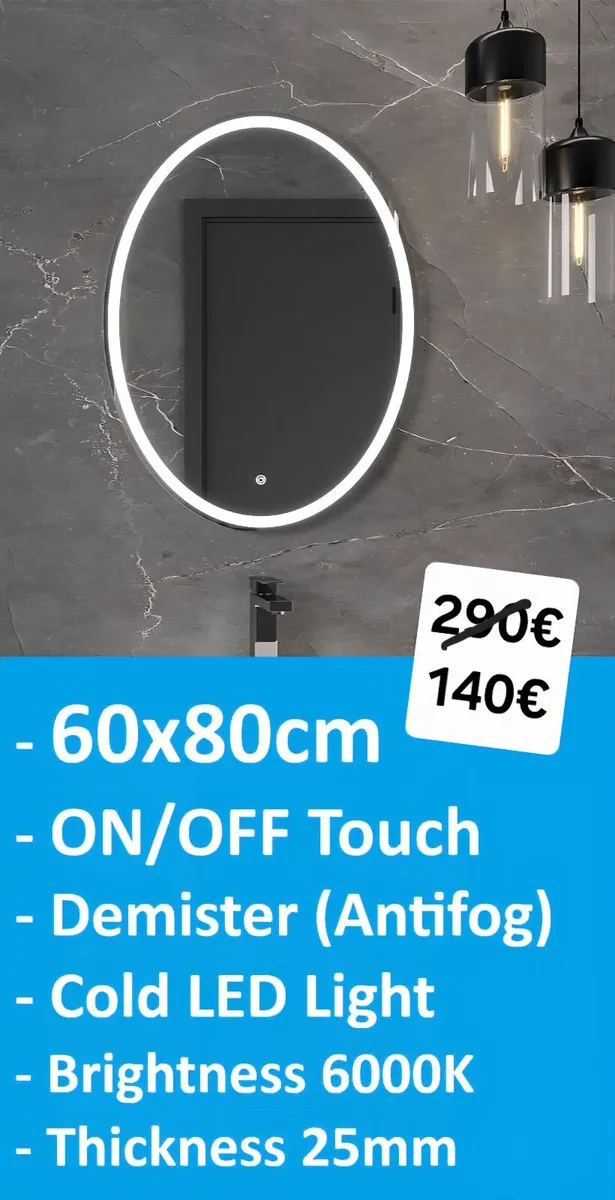 LED Bathroom Mirror 60x80cm Oval Demister - Image 1