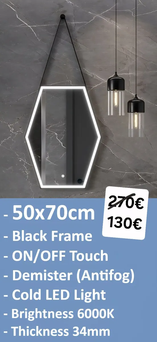 LED Bathroom Mirror 50x70cm Demister Black Frame - Image 1
