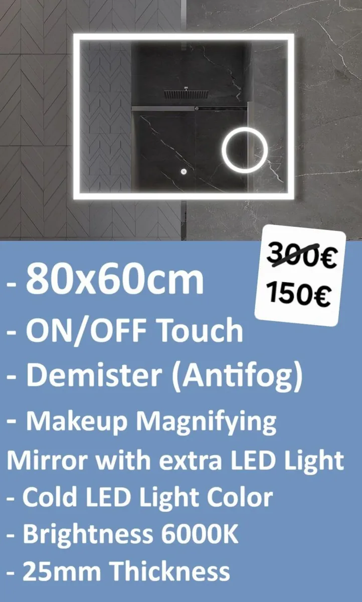 LED Bathroom Mirror 80x60cm Touch Demister Antifog - Image 1