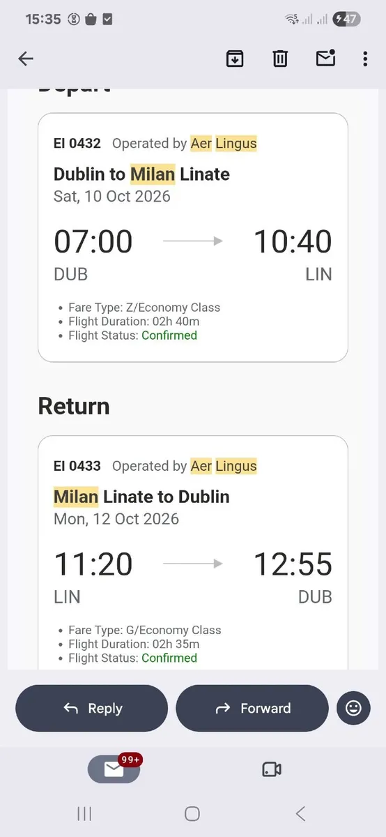 Aerlingus ticket Dub to Milan Linate 10th-12th Oct